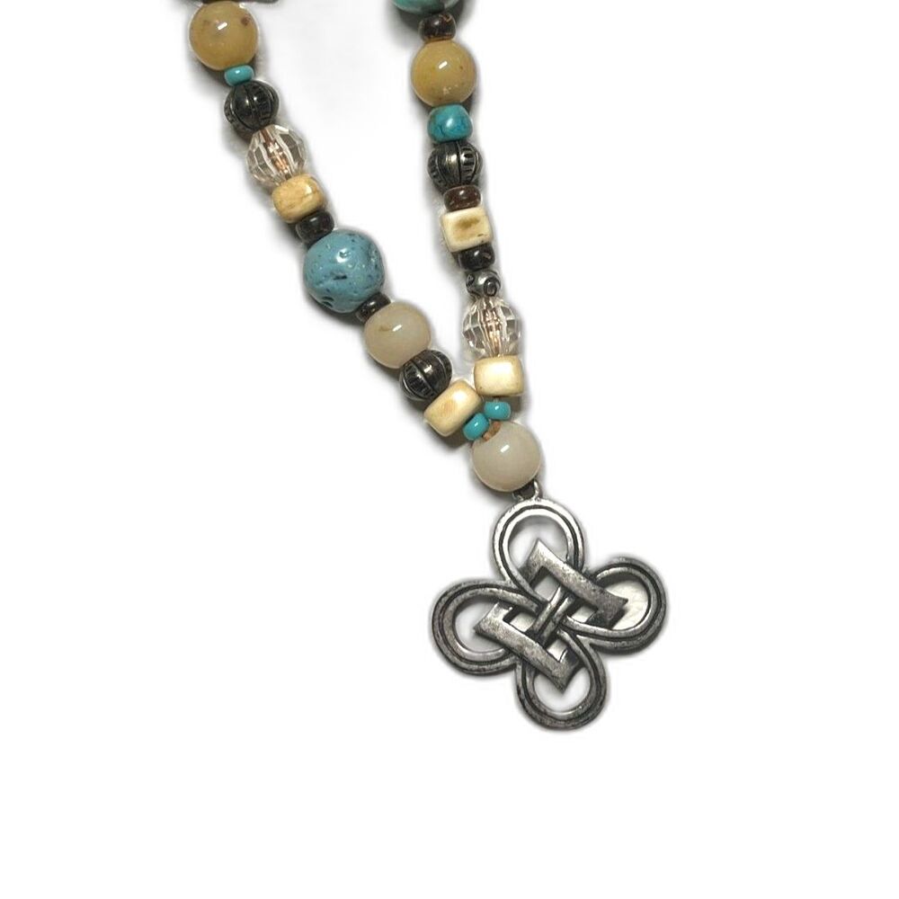 2/$20 Victor Janson Silver Pendant Beige Brown Blue Rustic Bead Necklace
